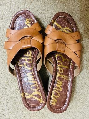 Sam Edelman Tan Leather Woven Espadrille Wedge Slides